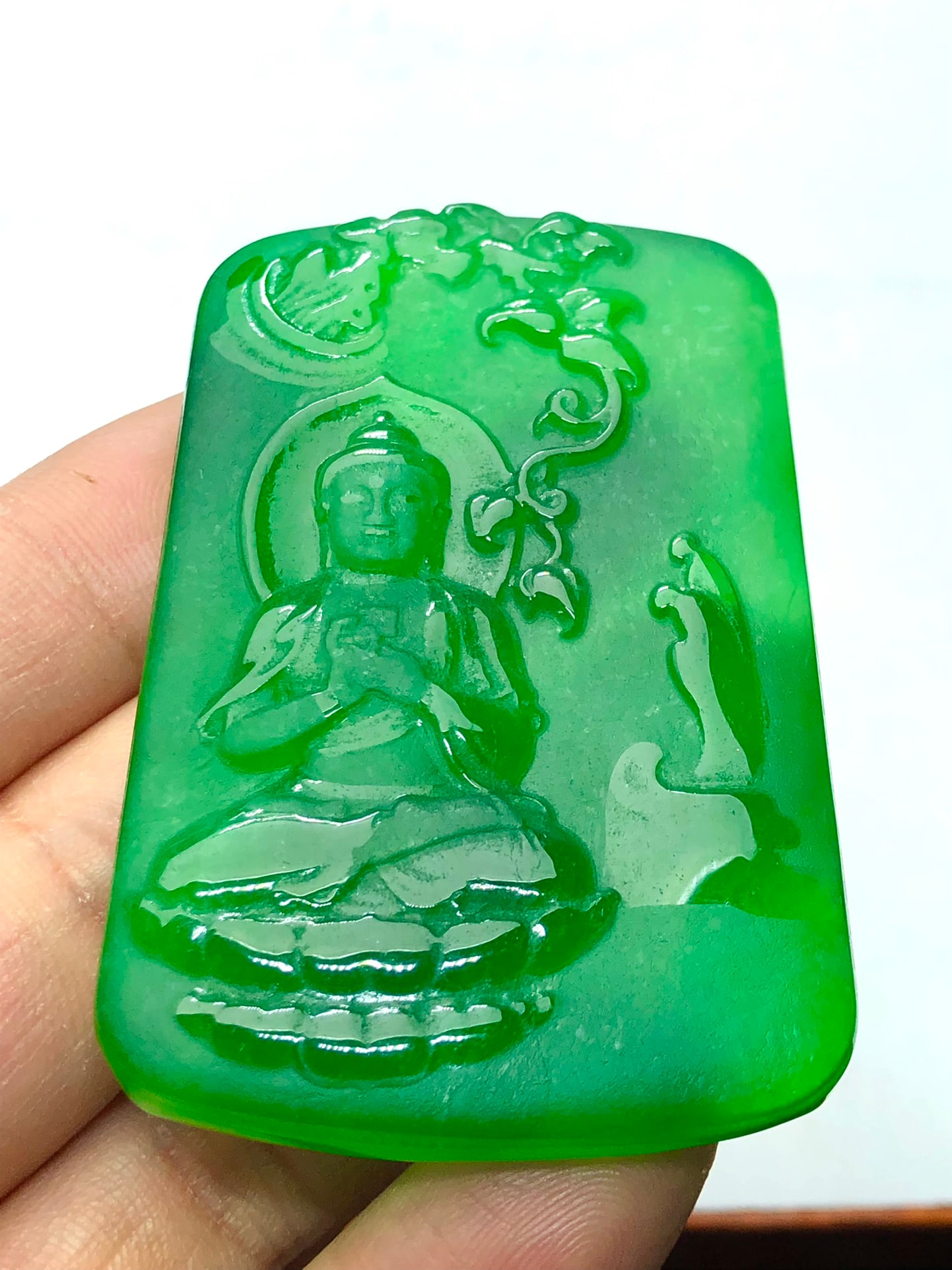 Imperial Green High-Ice Perfect Jadeite Frosted Guanyin Pendant (1 of 8)