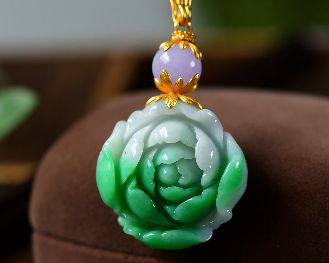 A natural jade peony pendant adorned with natural violet beads, set in S925 sterling silver, and (1 of 5)