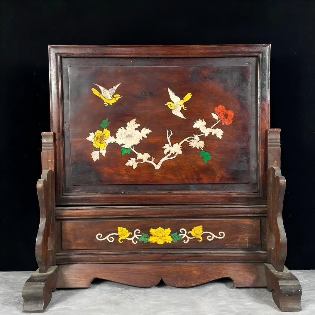Rare rosewood inlaid flower and bird screen (1 of 6)