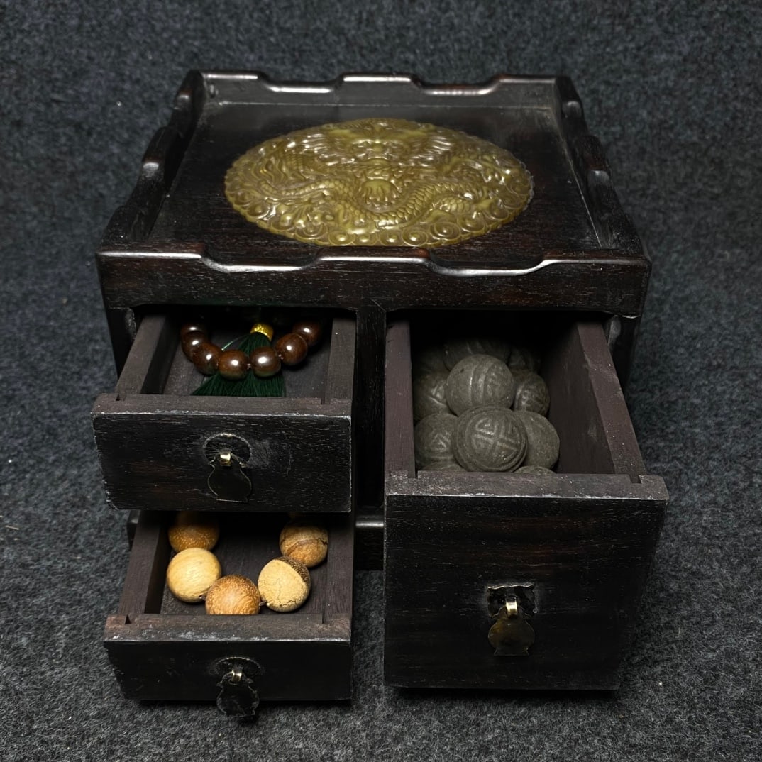 Ebony and jade inlaid multi-layered pull-out jewelry box contains a precious agarwood prayer beads, (1 of 11)
