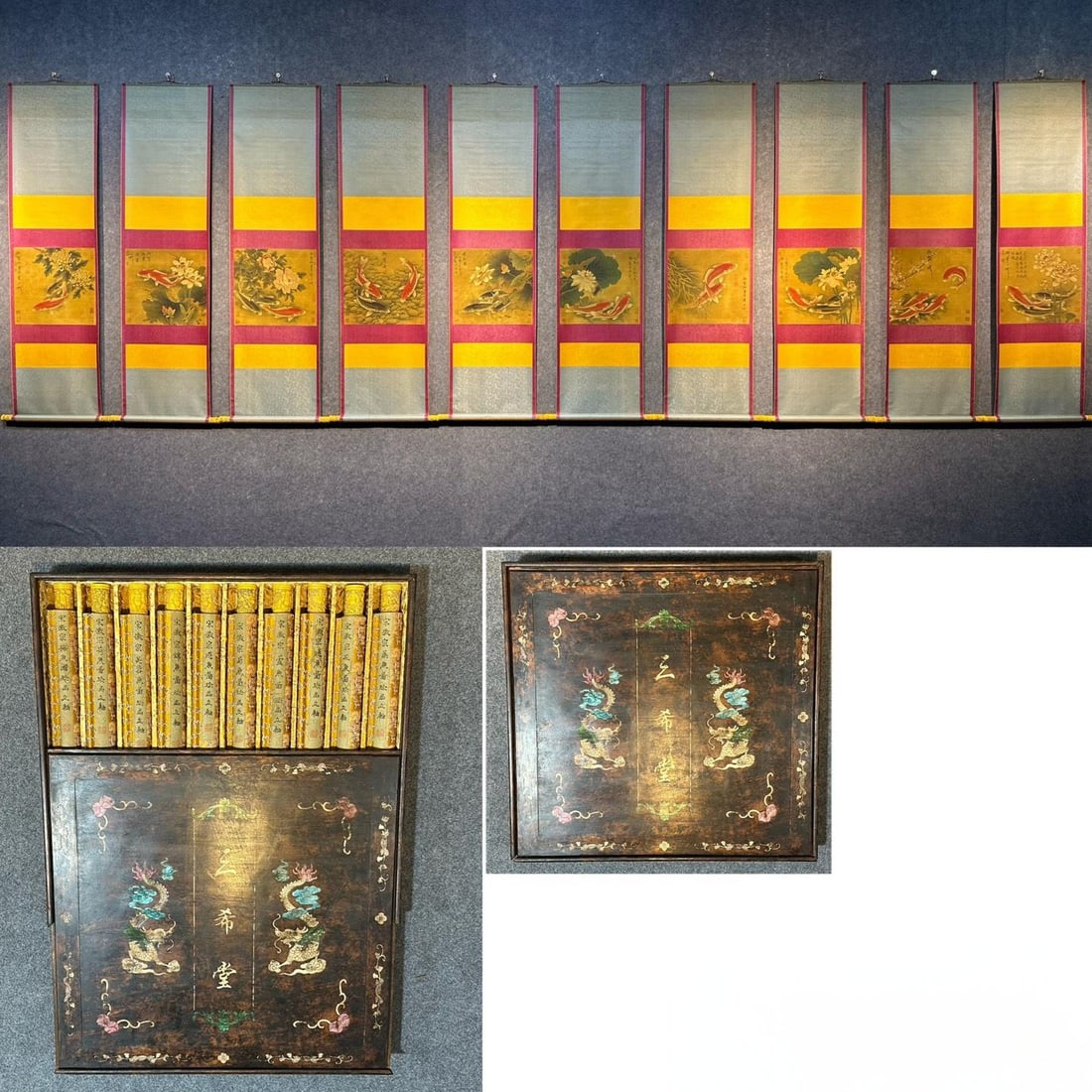 A fine silk hand-painted design of koi fish by Emperor Huizong of Song.: A set of exquisite hand-painted silk paintings (with goldfish design) by Emperor Huizong of Song (collectible box). Emperor Huizong was one of the most talented painters among emperors. The paintings