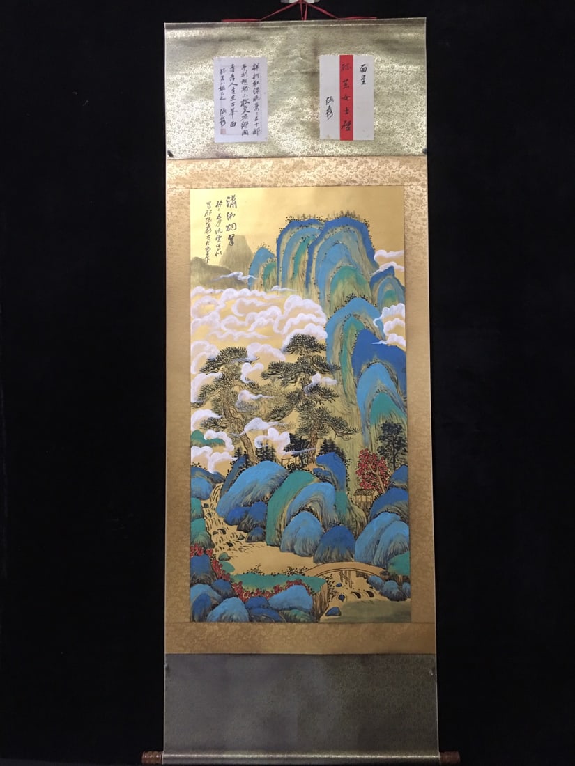Zhang Daqian's Misty Greenery of Xiaoxiang: Exquisite four-foot hanging scroll painting with letter label, Zhang Daqian's "Xiaoxiang Misty Greenery," handmade, framed dimensions: Height x Width: 227cm x 94cm; Painting core dimensions: Length x