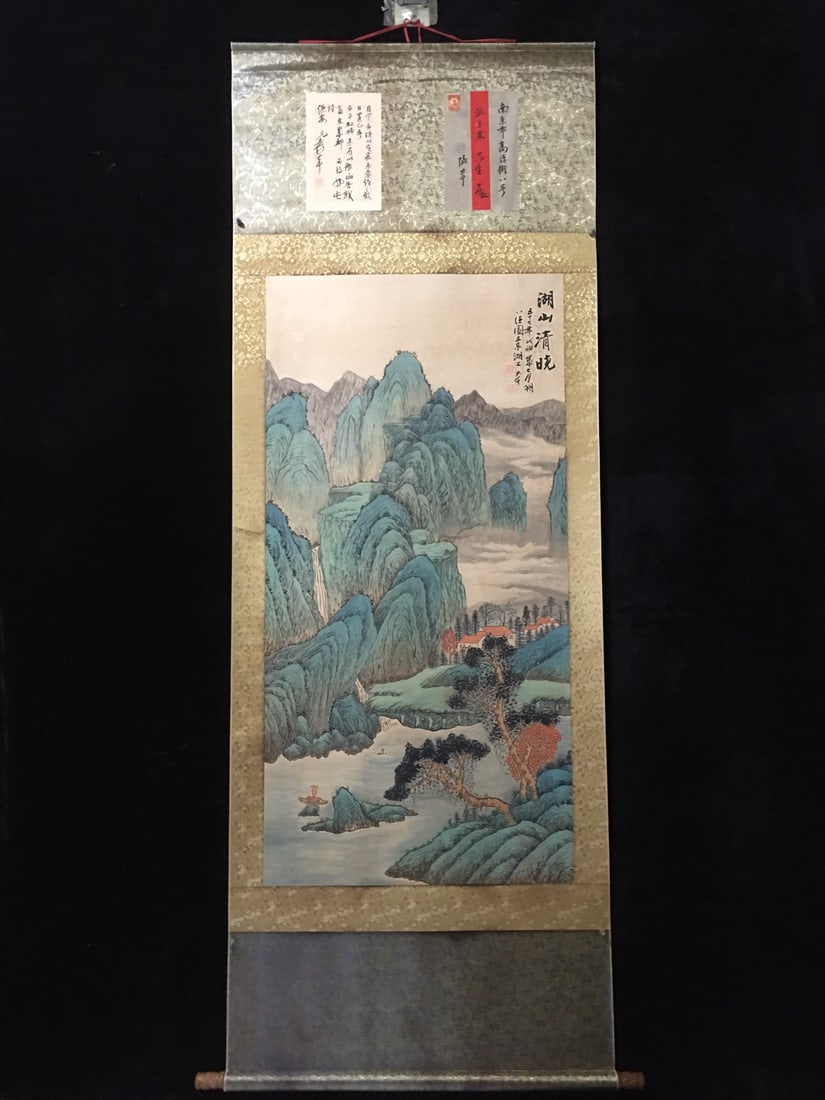 Zhang Daqian's Pine Valley and Singing Spring: Exquisite four-foot hanging scroll painting with letter label, Zhang Daqian's "Pine Valley and Singing Spring," purely handmade painting. Mounted dimensions: Height x Width: 227cm x 94cm; Painting dim