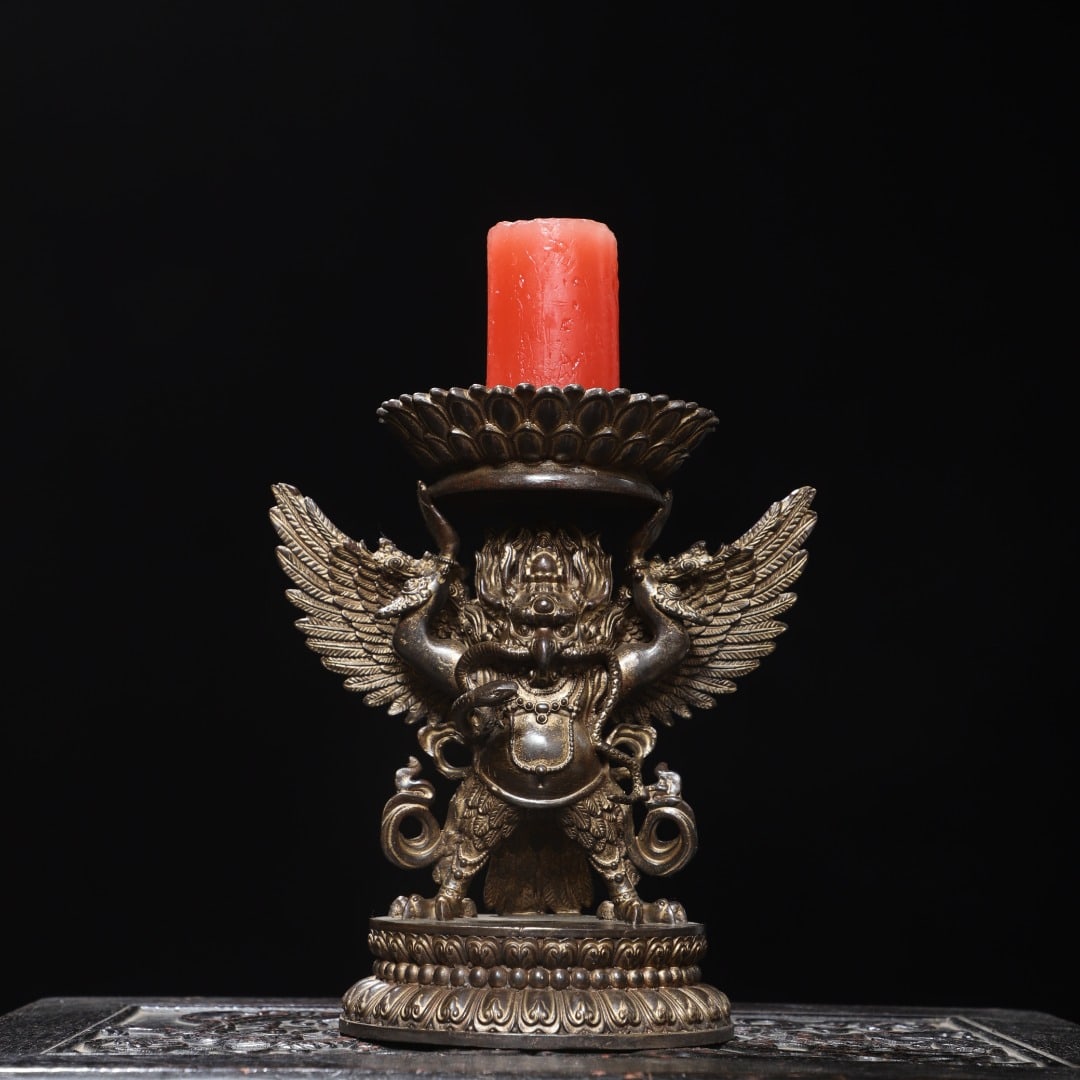 Tibetan Buddhist treasure, gilt bronze Garuda candlestick, decorative piece (1 of 9)