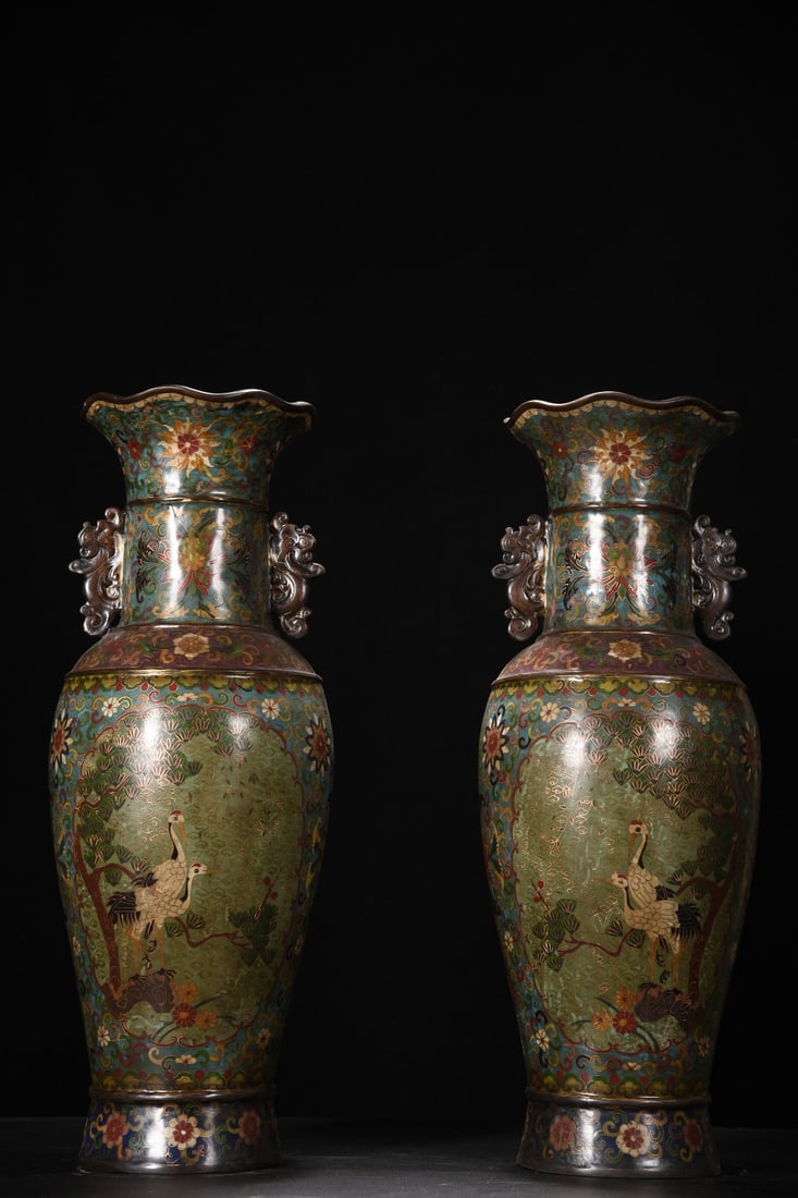 A pair of large cloisonne vases with dragon-ear and pine-crane design. (1 of 9)