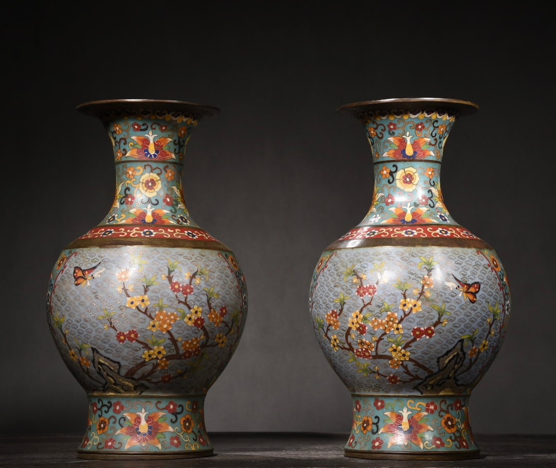 pair of large cloisonne vases with lotus and floral patterns (1 of 9)