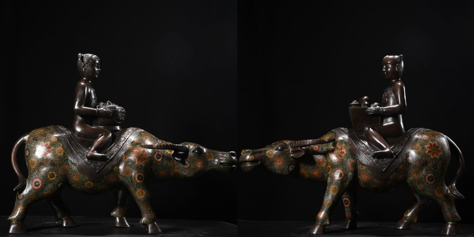 A pair of extra-large cloisonne enamel children herding cattle (1 of 9)