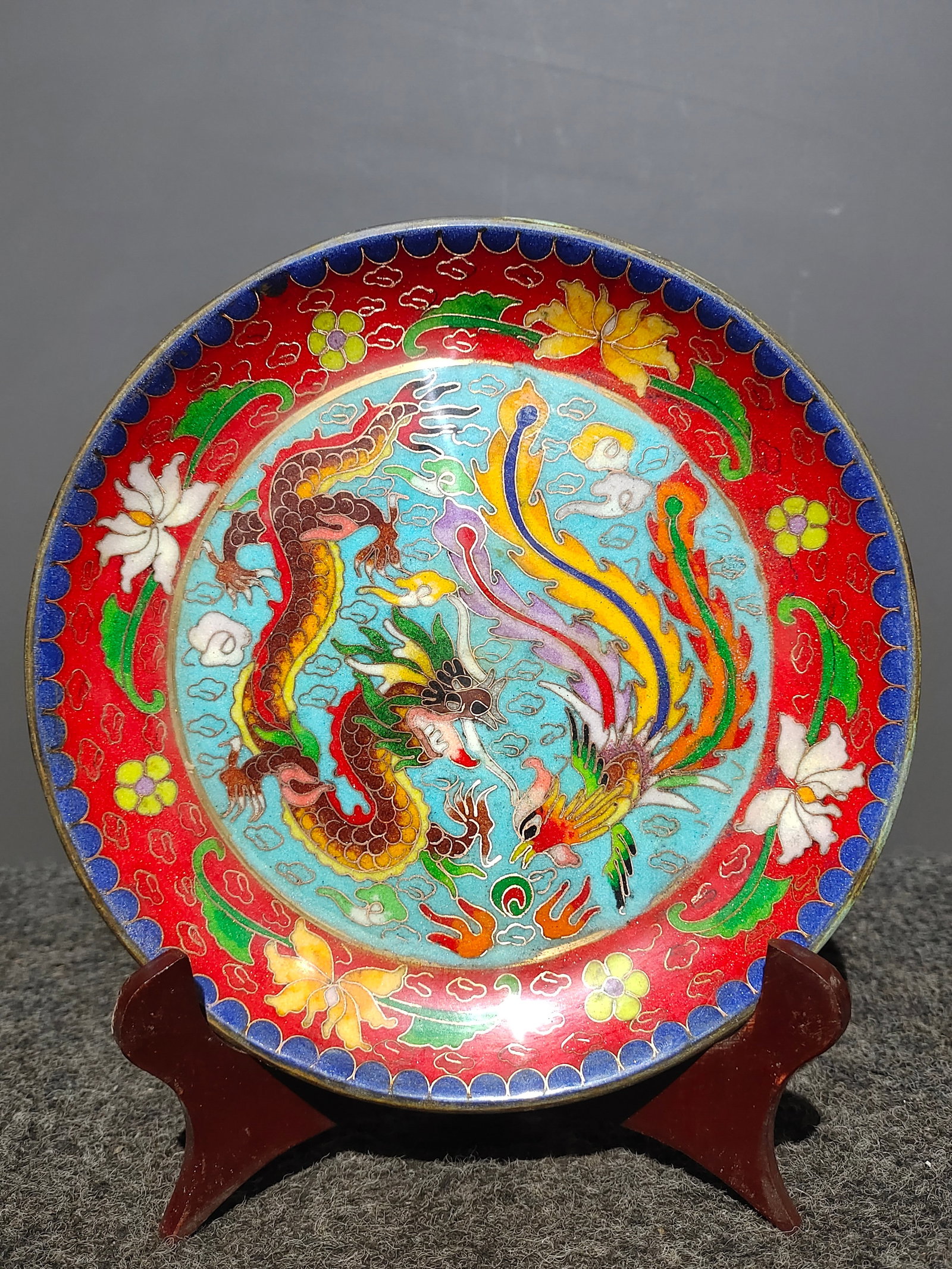 An old collection of pure copper cloisonne enamel ornaments featuring dragons and phoenixes, a fruit (1 of 9)