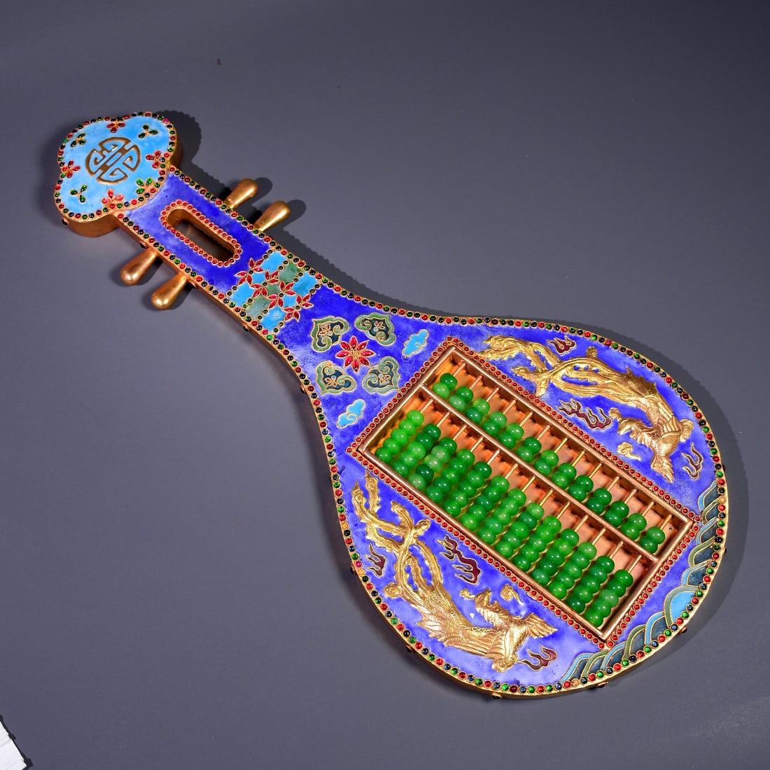 Gilded bronze cloisonne enamel inlaid with gemstones and jadeite pipa abacus (1 of 9)