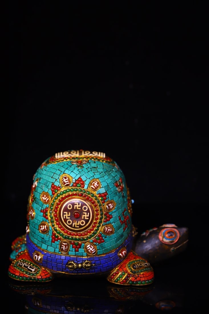 Meteorite handmade filigree gemstone inlaid lucky turtle: Meteorite handmade cloisonne inlaid gemstone lucky turtle, 26cm high, 16cm wide, weighing approximately 6700g. Provenance:Private collection from a professor in Newcastle University. Our cooperative