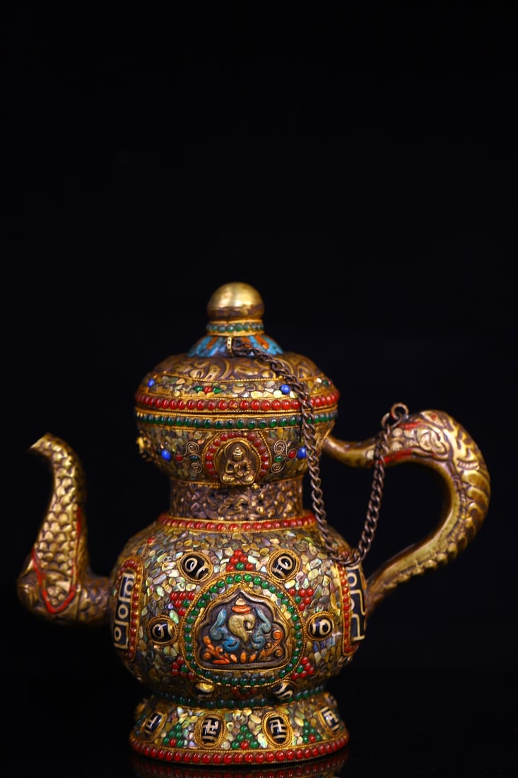 Tibetan-style handcrafted ghee jugs inlaid with gemstones and dzi beads, made of pure copper. (1 of 9)