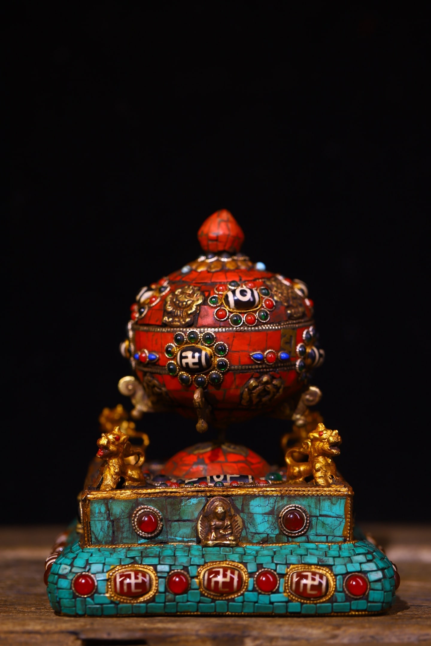 Antique prayer wheels made of Tibetan silver, handcrafted, heavily engraved, and inlaid with (1 of 9)