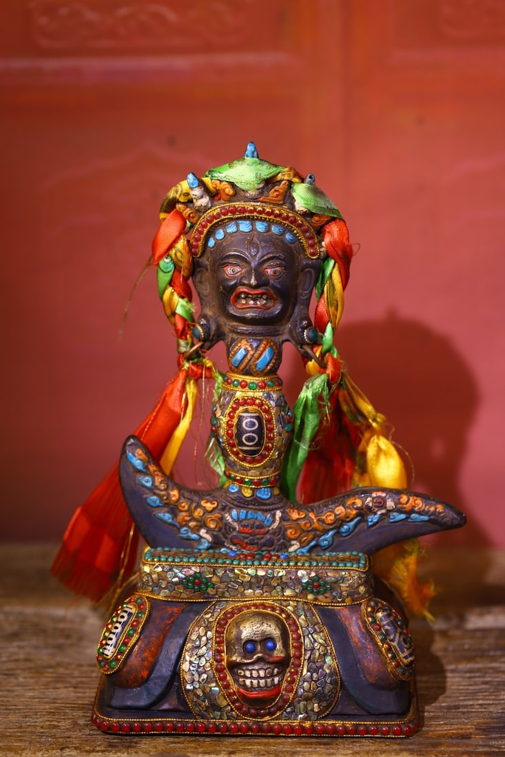 Tibetan-style Lima copper handcrafted, engraved, painted, and inlaid dzi bead ritual implements: This is a handcrafted Tibetan bronze ritual implement made from Lima copper, featuring engraved, painted, and inlaid dzi beads. The base is made of Bodhi root and is also hand-engraved. The ritual imp