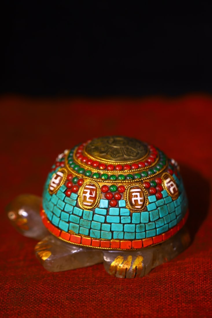 Tibetan region repatriated natural crystal cloisonne inlaid gemstone turtle: A Tibetan-style, handcrafted, cloisonne-work, gemstone-inlaid tortoise made of natural crystal, 13 cm high, 10 cm wide, weighing approximately 1100g. Provenance:from the collection of George Stopher,