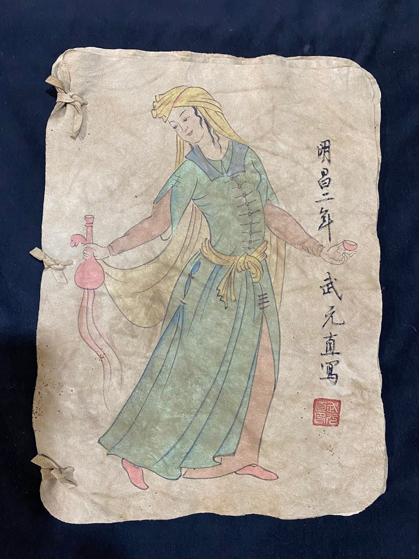 Fine sheepskin paintings: Exquisite sheepskin paintings, purely hand-painted, actual product photos. One book contains 10 sheets. Material: sheepskin. Dimensions: approximately 42cm x 32cm (length x width). Provenance:Private