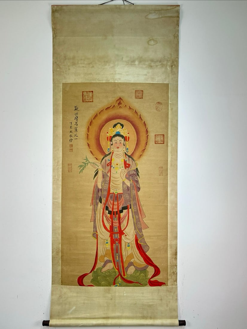 Ding Guanpeng's work, hand-painted Guanyin Buddha image with willow branch. (1 of 9)