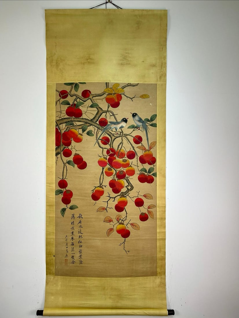 Zhang Daqian's work, hand-painted "May All Your Wishes Come True" flower and bird painting.: Attributed to Zhang Daqian, a hand-painted "May All Your Wishes Come True" flower and bird painting, ink and color on paper, hanging scroll. Painting dimensions: 195 x 78 cm, painting core: 125 x 66 c