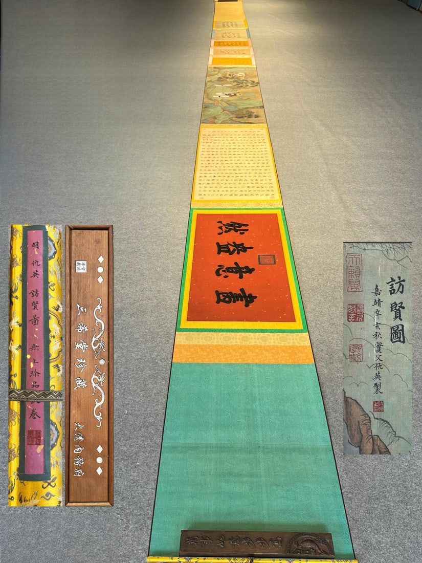 Qiu Ying's exquisite silk scroll painting "Visiting a Wise Man": Ming Dynasty - Qiu Ying's exquisite silk scroll painting "Visiting a Wise Man" (10.2m x 52m, painting core 700mm x 51mm) Provenance:from the collection of George Stopher, Kent, purchased from P&M Wald