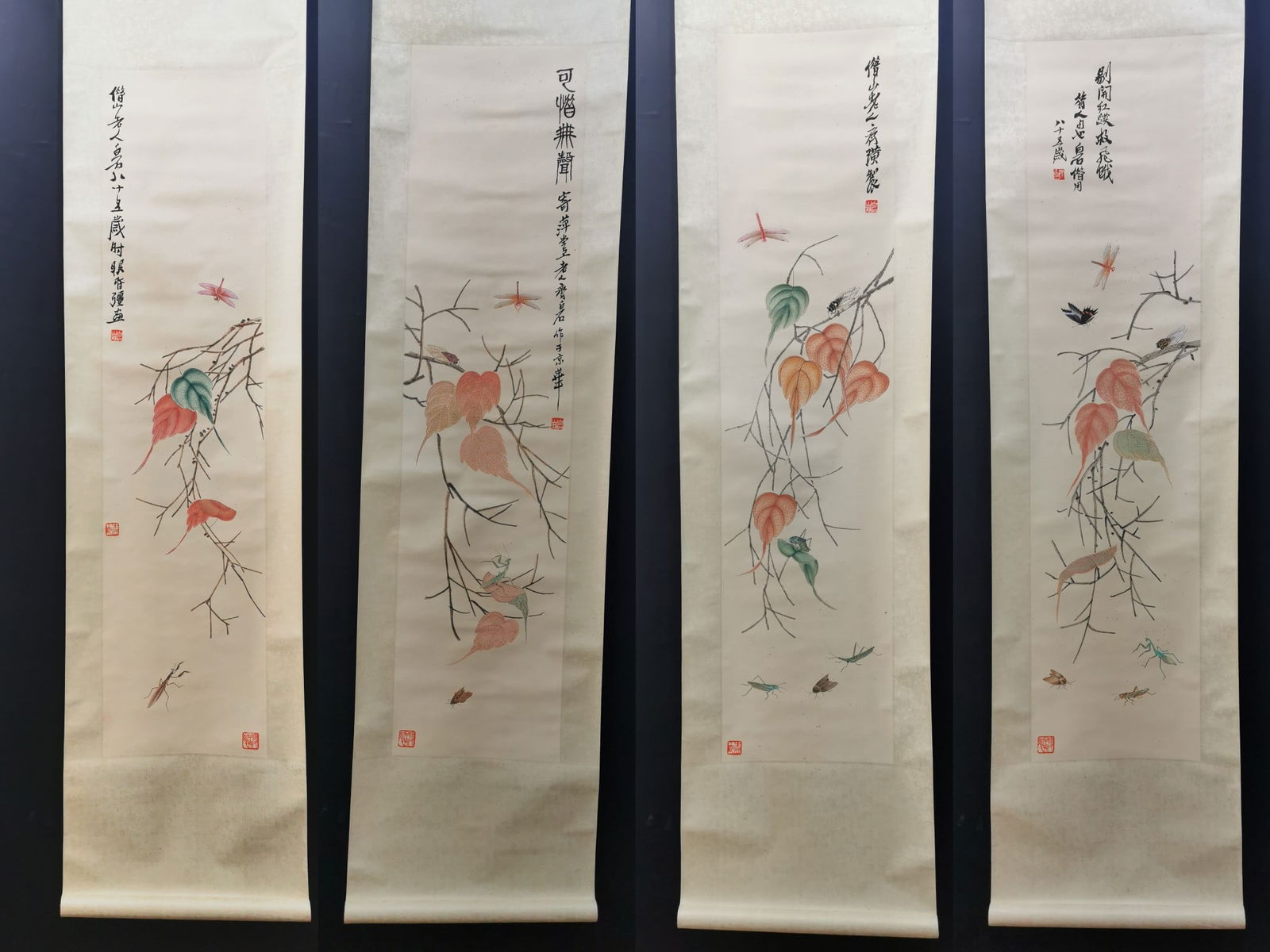 Qi Baishi, Exquisite Four-Panel Ink and Wash Painting of Cordyceps on Paper: Qi Baishi, exquisite four-panel screen of insects and grasses on paper, each panel measuring 32 x 133 cm. Provenance:Private collection from a professor in University College London. Our cooperative l