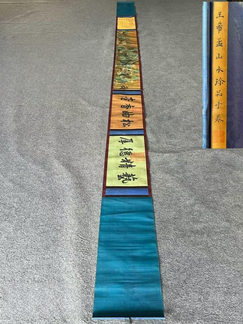 Wang Ximeng's exquisite silk scroll (Fairy Mountain Pavilion): Song Dynasty - Wang Ximeng's exquisite silk handscroll (Fairyland Pavilion) 590 x 33 cm, painting core 400 x 28 cm Provenance:A notable private collector in Kensington, London, United Kingdom. Our coo