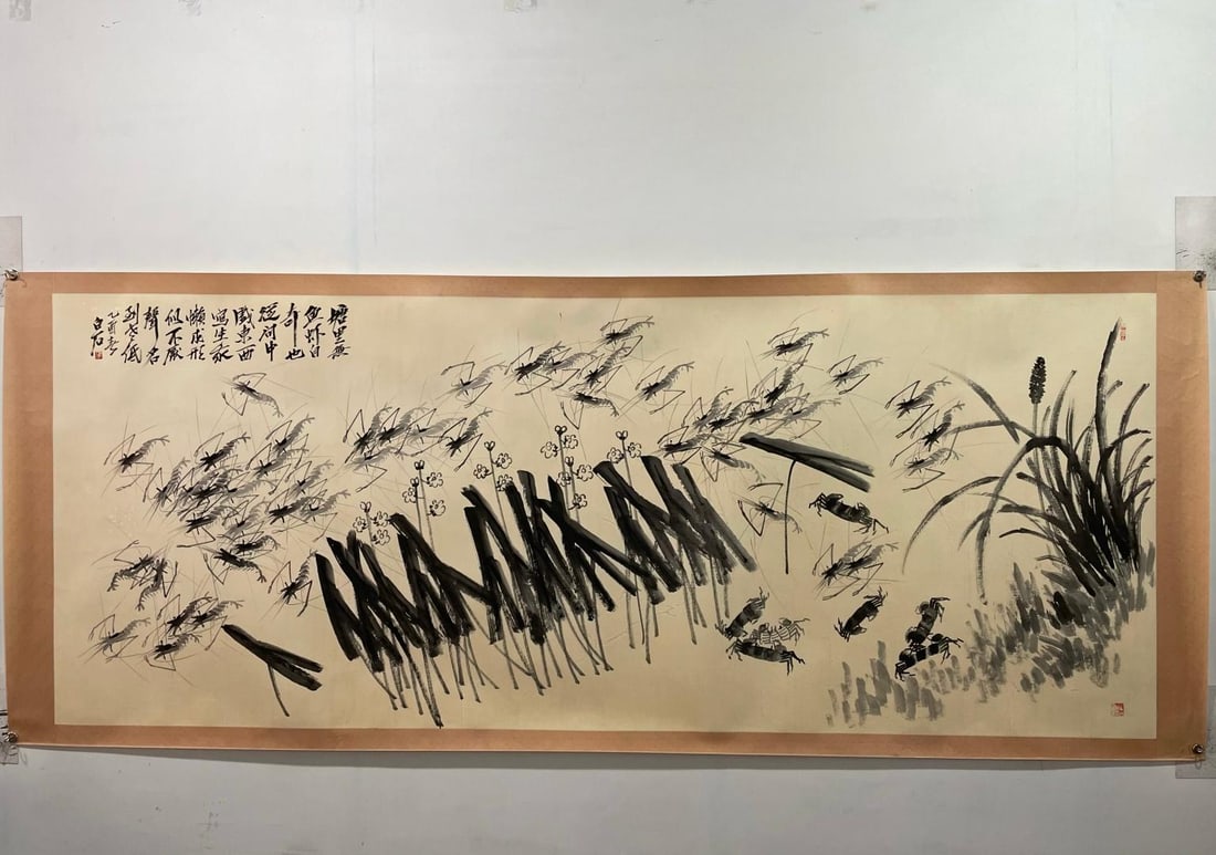 Qi Baishi's exquisite hand-painted paper paintings, measuring 12 feet in length.: A fine hand-painted scroll by Qi Baishi, measuring 4 x 1.6 meters on paper. Provenance:from the collection of George Stopher, Kent, purchased from P&M Waldo Antiques, London. Our cooperative logistics