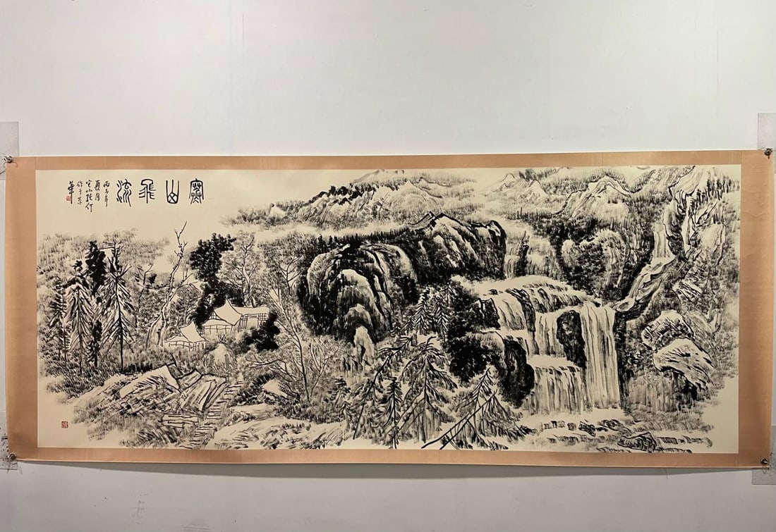 Zhang Ding's exquisite hand-painted paper painting, measuring 12 feet in length.: A fine hand-painted scroll by Zhang Ding, measuring 4 x 1.6 meters on paper. Provenance:from the collection of George Stopher, Kent, purchased from P&M Waldo Antiques, London. Our cooperative logistic