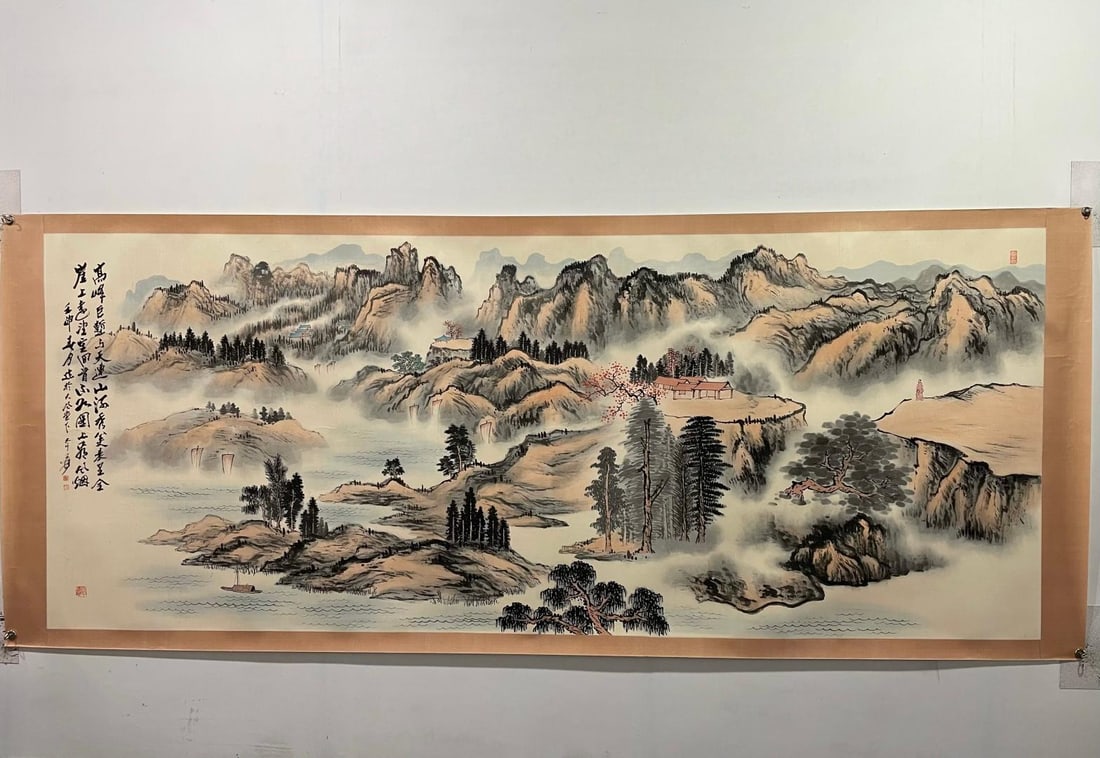 Zhang Daqian's exquisite hand-painted paper painting, twelve feet in size: A fine hand-painted paper painting by Zhang Daqian, measuring 4 x 1.6 meters. Provenance:from the collection of George Stopher, Kent, purchased from P&M Waldo Antiques, London. Our cooperative logisti