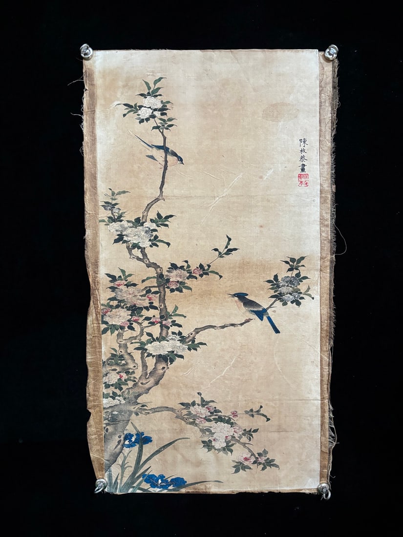 (Chen Mei's Flowers and Birds): (Chen Mei Flower and Bird Painting) Old linen base. Material: Xuan paper. Size: Approximately 93cm long and 50cm wide. Provenance:Private collection, Manchester, The United Kingdom. Our cooperative lo