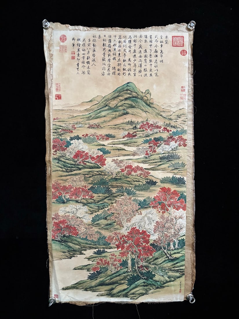 (Jin Tingbiao's Landscape): (Jin Tingbiao Landscape) Old linen base; material: Xuan paper; size: approximately 93cm long and 50cm wide. Provenance:Private collection, Manchester, The United Kingdom. Our cooperative logistics ser
