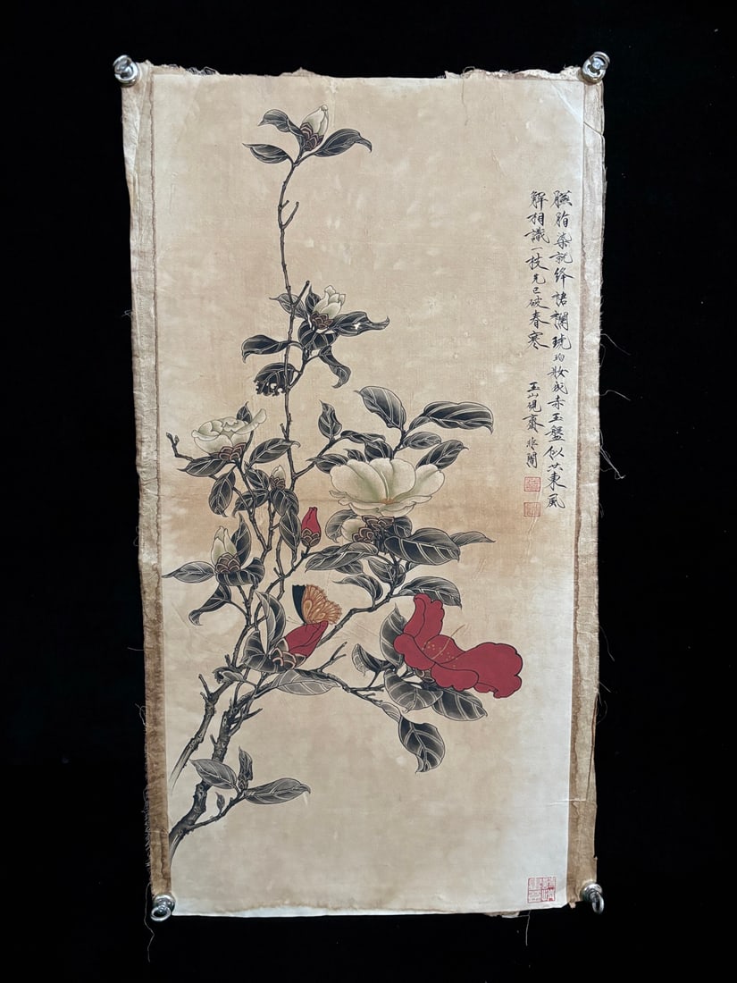 (Yu Feian Flowers): (Yu Feian Flowers) Old linen backing plate Material: Xuan paper Size: Approximately 93cm long and 50cm wide Provenance:Private collection, Manchester, The United Kingdom. Our cooperative logistics ser