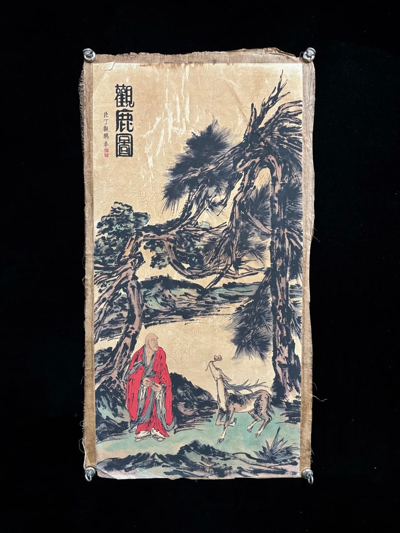 (Ding Guanpeng observes deer): (Ding Guanpeng's View of Deer) Old linen base material: Xuan paper Dimensions: Approximately 93cm long and 50cm wide Provenance:Private collection from a professor in University of Glasgow. Our cooper