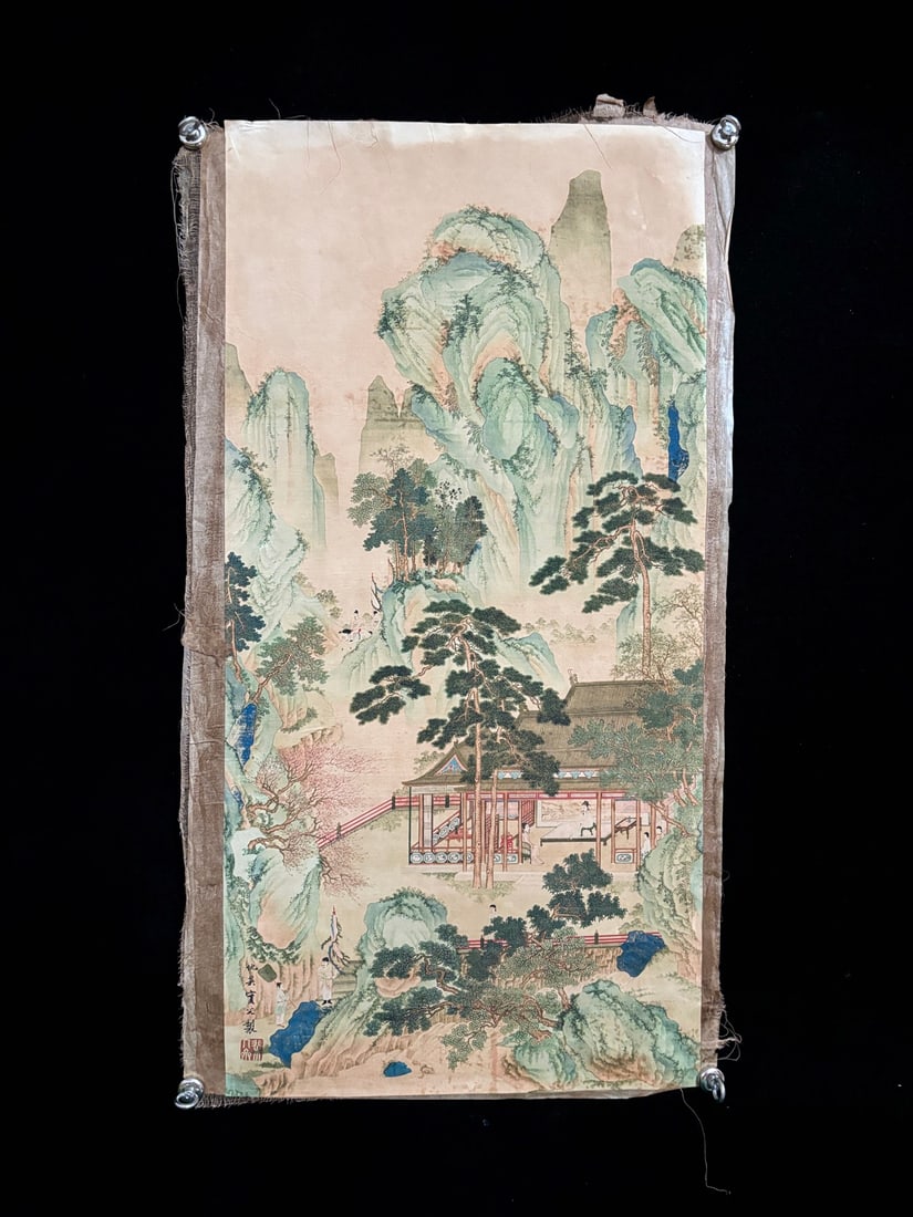 (Qiu Ying's Landscape): (Qiu Ying Landscape) Old linen base. Material: Xuan paper. Size: Approximately 93cm long and 50cm wide. Provenance:Private collection from a professor in University of Glasgow. Our cooperative logisti