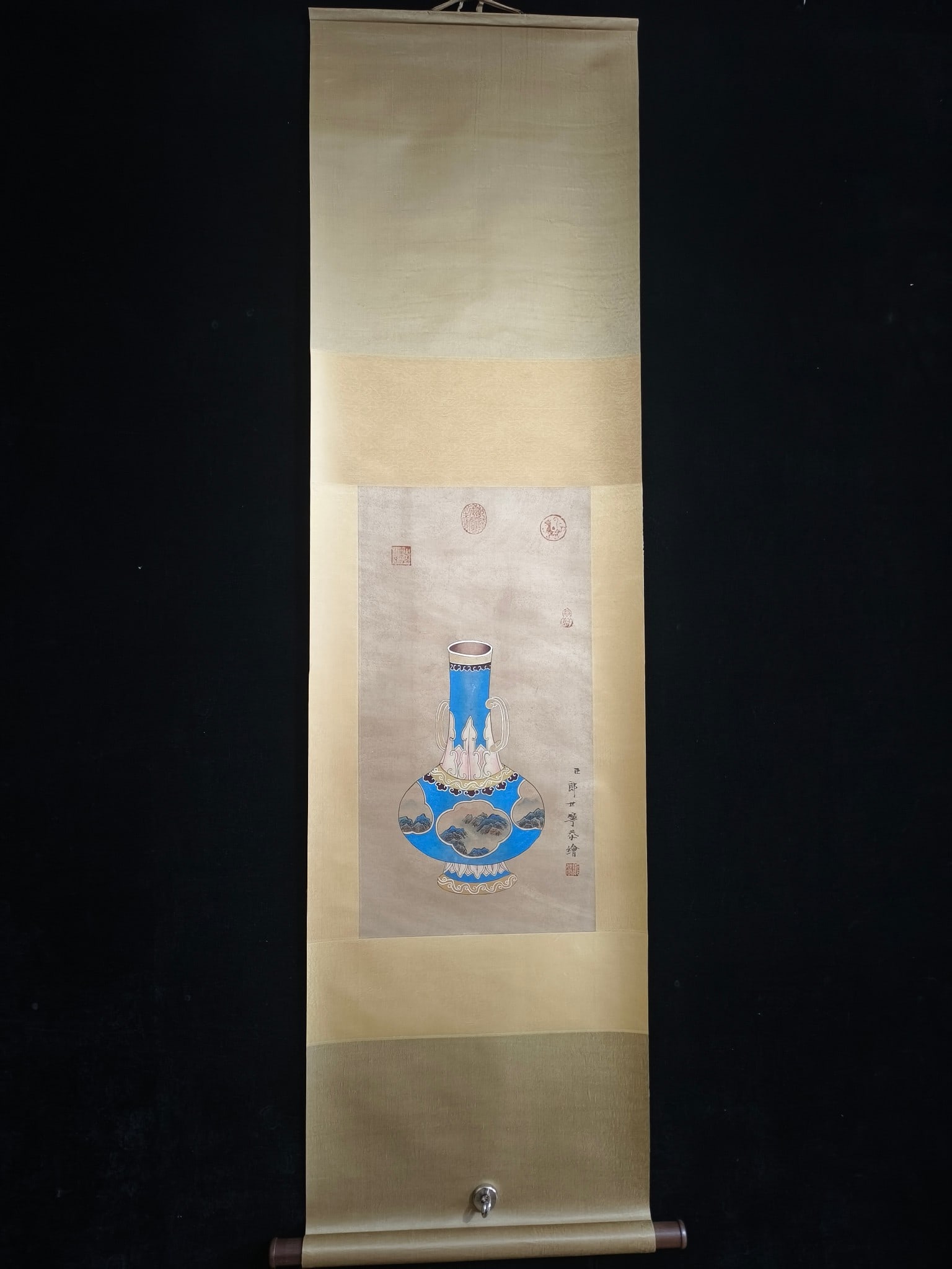 (Lang Shining Antique Vase): (Lang Shining Antique Vase) Fine Hand-Painted on Three-Foot Silk Material: Silk Mounting Size: Approximately 185cm x 50cm Painting Size: Approximately 66cm x 35cm Provenance:Private collection from a