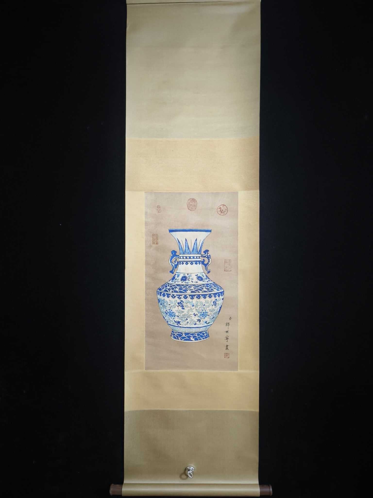 (Lang Shining Antique Vase): (Lang Shining Antique Vase) Fine Hand-Painted on Three-Foot Silk Material: Silk Mounting Size: Approximately 185cm x 50cm Painting Size: Approximately 66cm x 35cm Provenance:Private collection from a