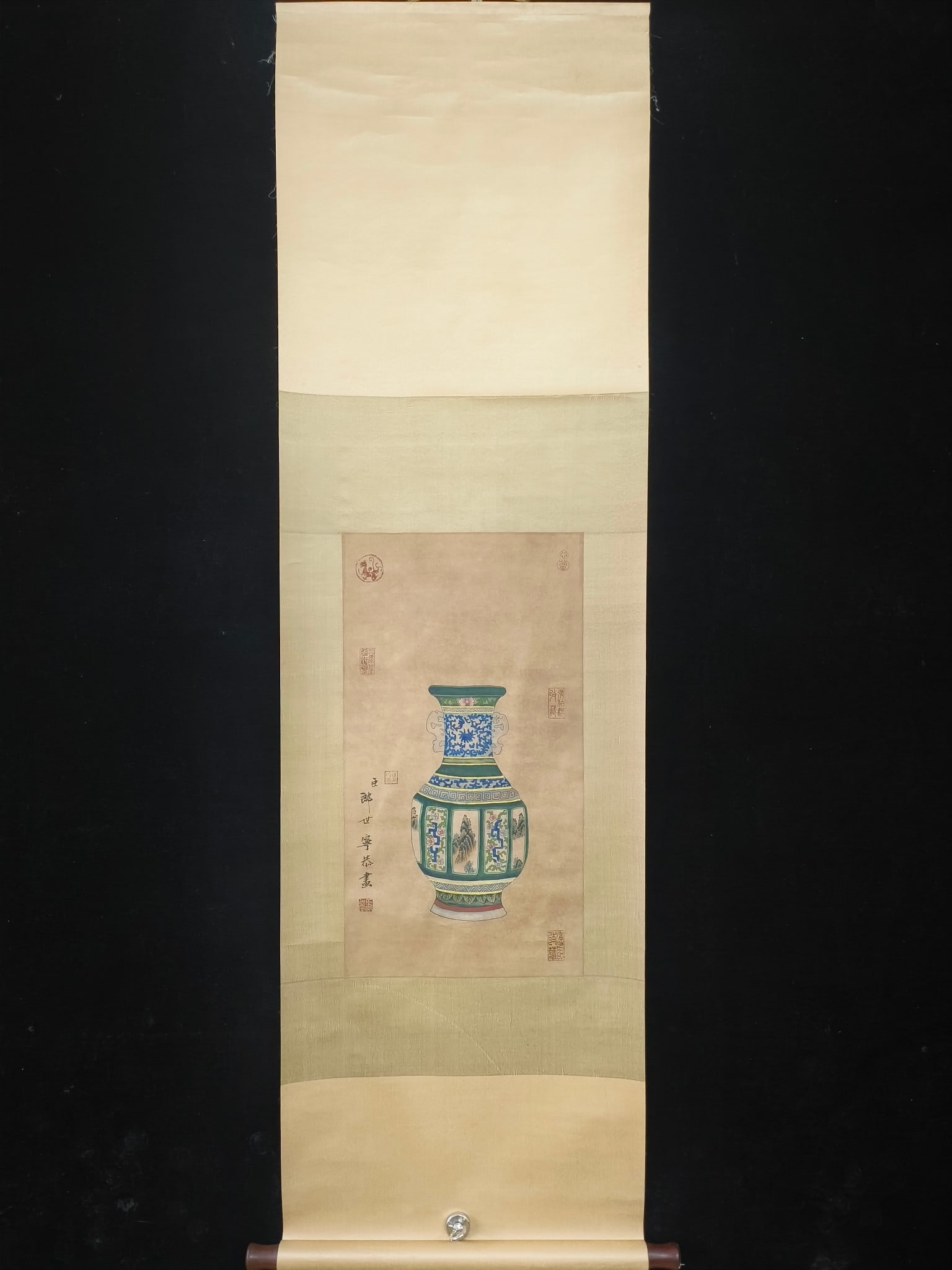 (Lang Shining Antique Vase): (Lang Shining Antique Vase) Fine Hand-Painted on Three-Foot Silk Material: Silk Mounting Size: Approximately 190cm x 48cm Painting Size: Approximately 69cm x 33cm Provenance:Private collection from a