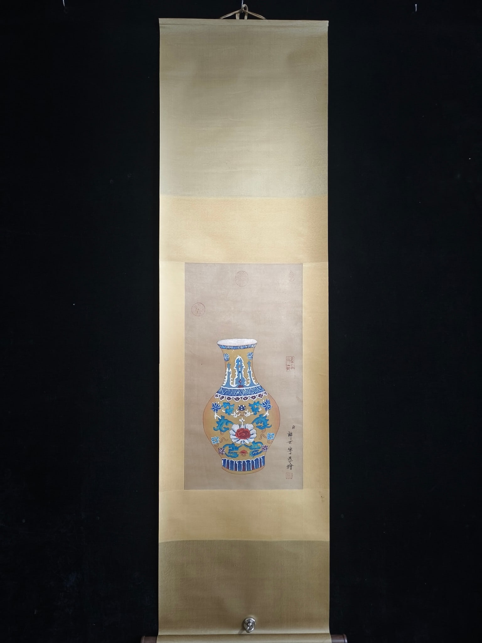 (Lang Shining Antique Vase): (Lang Shining Antique Vase) Fine Hand-Painted on Three-Foot Silk Material: Silk Mounting Size: Approximately 185cm x 50cm Painting Size: Approximately 66cm x 35cm Provenance:Private collection from a