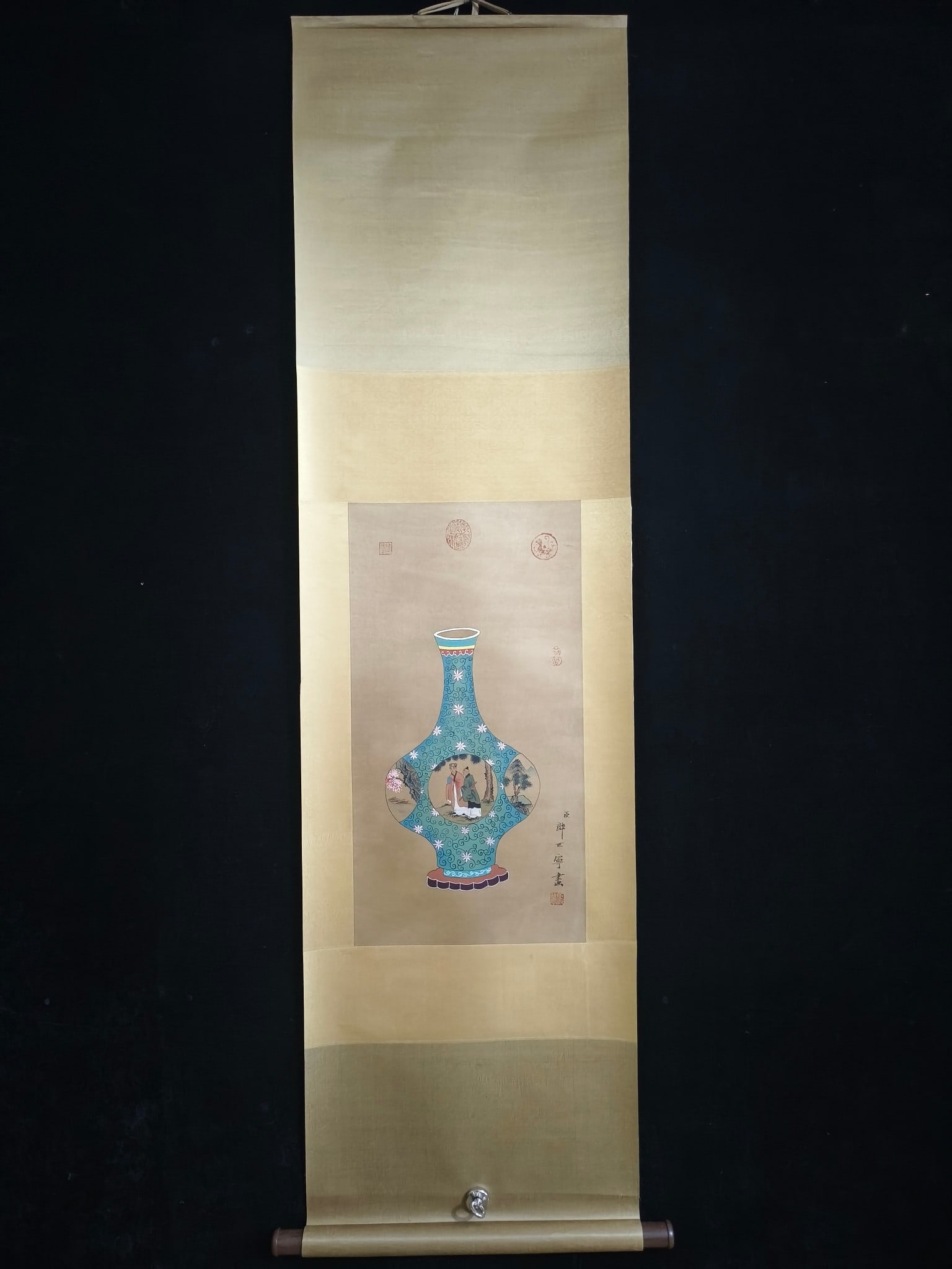 (Lang Shining Antique Vase): (Lang Shining Antique Vase) Fine Hand-Painted on Three-Foot Silk Material: Silk Mounting Size: Approximately 185cm x 50cm Painting Size: Approximately 66cm x 35cm Provenance:Private collection from a