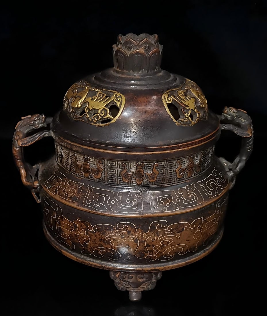 Purple copper incense burner with silver wire inlay (1 of 9)