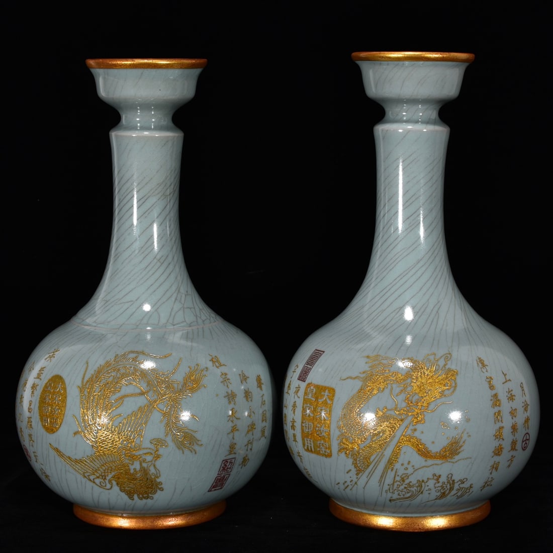 Song Dynasty Ru ware celadon-glazed bamboo-shaped vase with gold-engraved dragon and phoenix design.: A Song Dynasty Ru ware celadon-glazed bamboo-shaped vase with a gold-engraved dragon and phoenix design, 29.5 cm high and 15 cm in diameter. Provenance:A notable private collector in Kensington, Londo