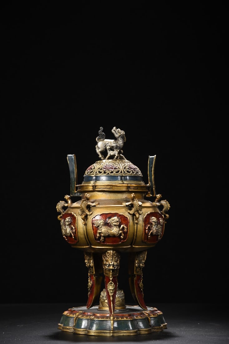 Bronze Painted Three-Legged Incense Burner with Animal-Shaped Knob and Qilin Design (1 of 9)