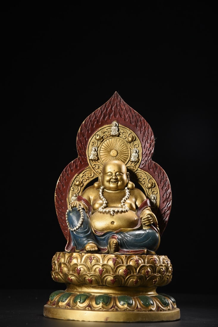 Copper Painted Maitreya Buddha Statue: A bronze painted Maitreya Buddha statue, 29cm high, 17cm wide, and weighing 2520g. Provenance:Private collection from a professor in University of York. Our cooperative logistics services provider exp