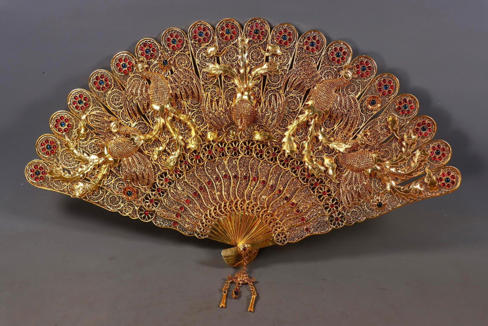 Exquisite antique collection, handcrafted filigree gold-inlaid gemstone dragon and phoenix fans, a (1 of 9)