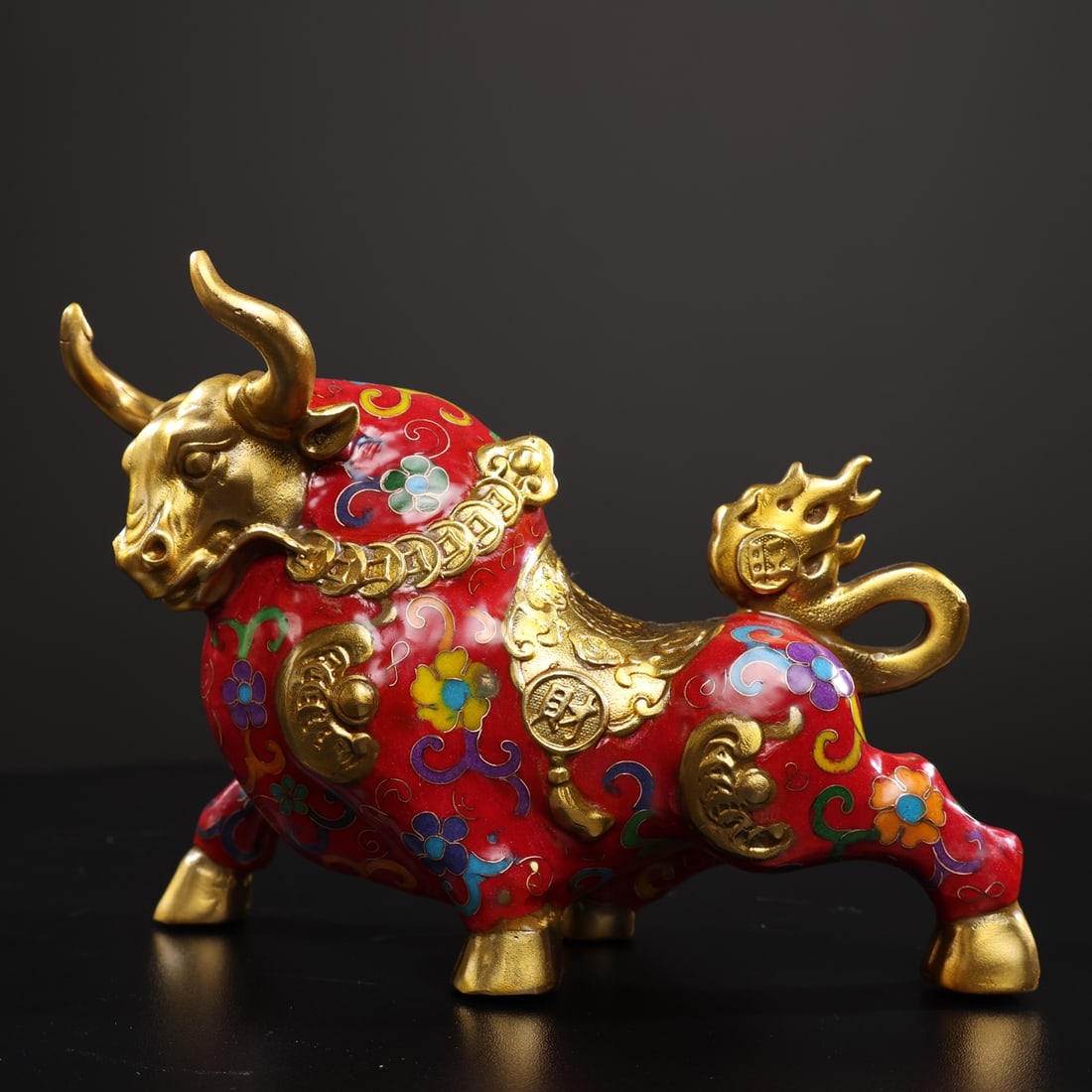 Collector's item: a pure copper cloisonne ox ornament with a golden ox design. (1 of 9)