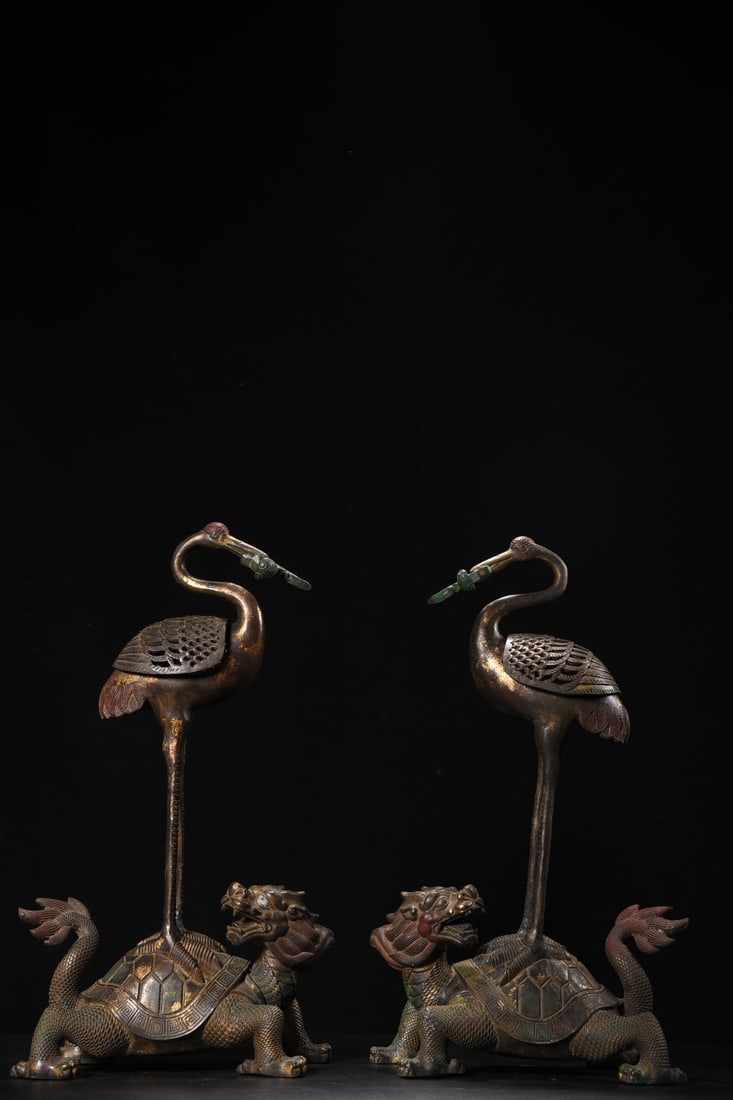 Golden Tortoise and Crane Longevity Incense Burner: The Golden Tortoise and Crane Longevity Incense Burner is 45cm high, 26cm long, and 13cm wide, with a total weight of 7855 grams. Provenance:from the collection of George Stopher, Kent, purchased from