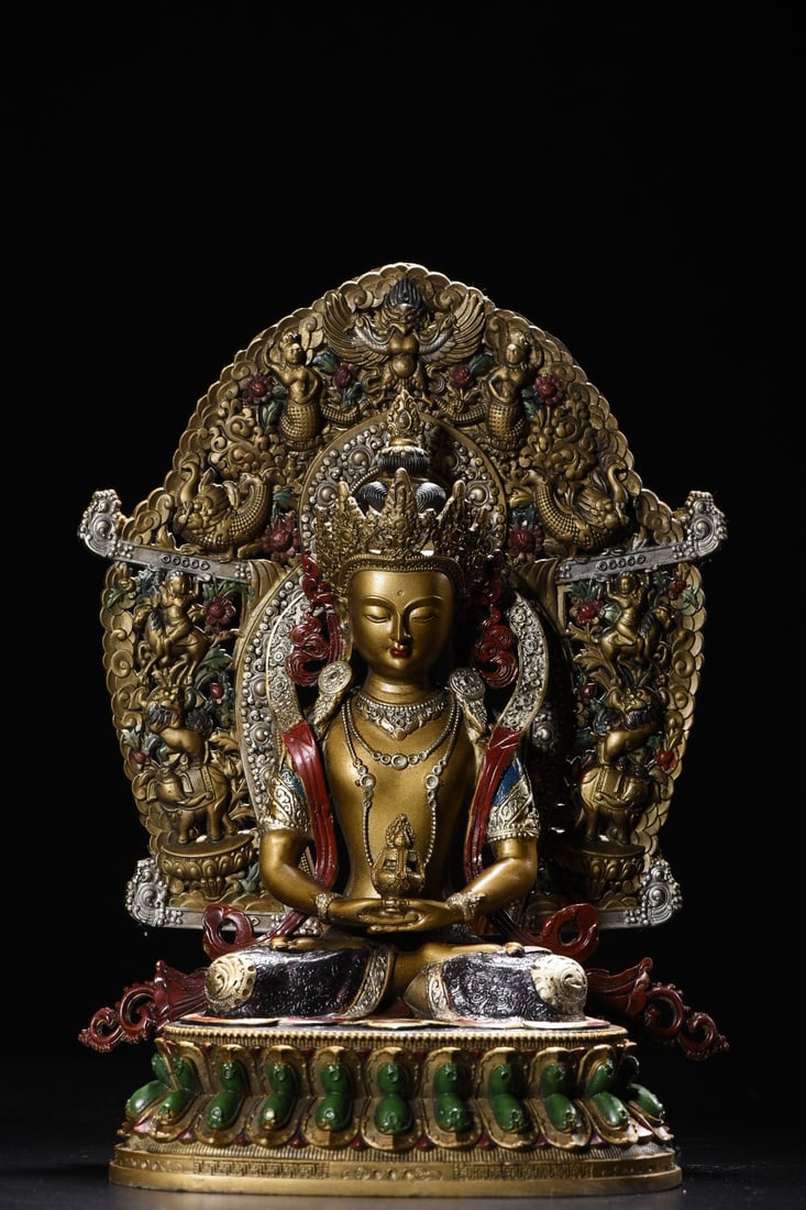 Copper Painted Longevity Buddha Statue: A bronze painted statue of the Buddha of Longevity, 27cm high, 20cm wide, 11cm thick, and weighing 1455g. Provenance:from the collection of George Stopher, Kent, purchased from P&M Waldo Antiques, Lon