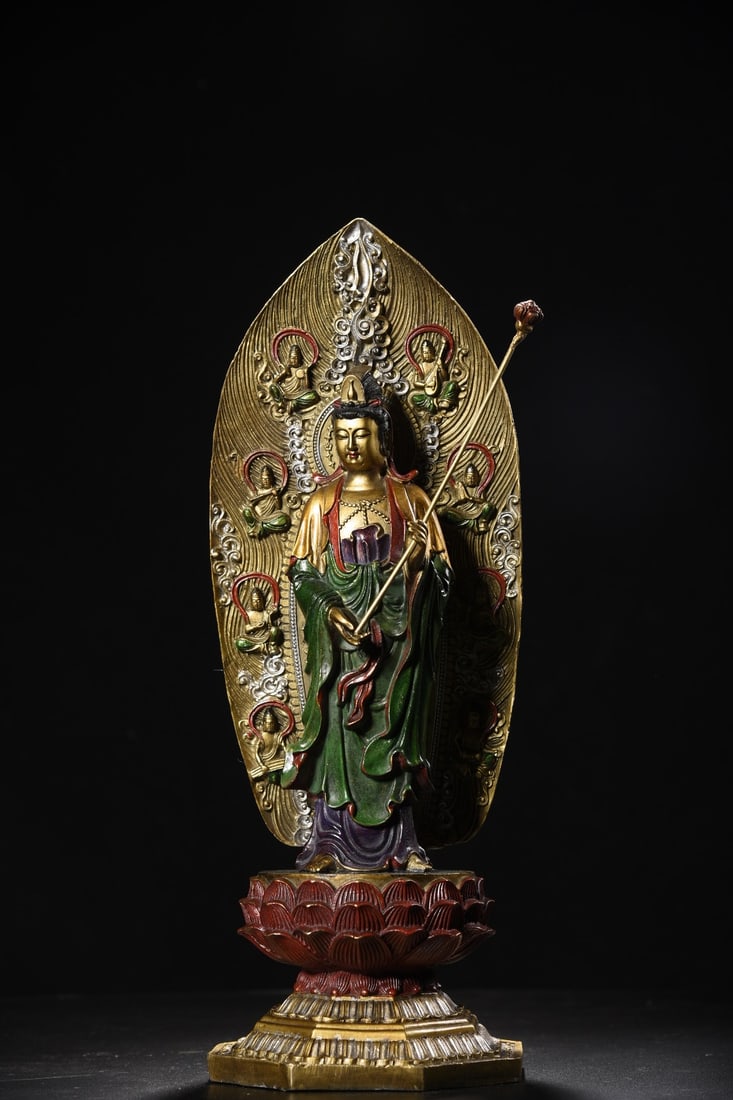 Copper-painted Mahasthamaprapta Bodhisattva statue: A bronze painted statue of Mahasthamaprapta Bodhisattva, 40cm high, 14cm wide, and weighing 3135g. Provenance:from the collection of George Stopher, Kent, purchased from P&M Waldo Antiques, London. Ou