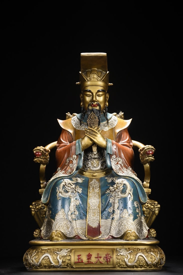 Large bronze painted statue of the Jade Emperor: A large bronze painted statue of the Jade Emperor, 48cm high, 30cm wide, 23cm thick, and weighing 8600g. Provenance:from the collection of George Stopher, Kent, purchased from P&M Waldo Antiques, Lond