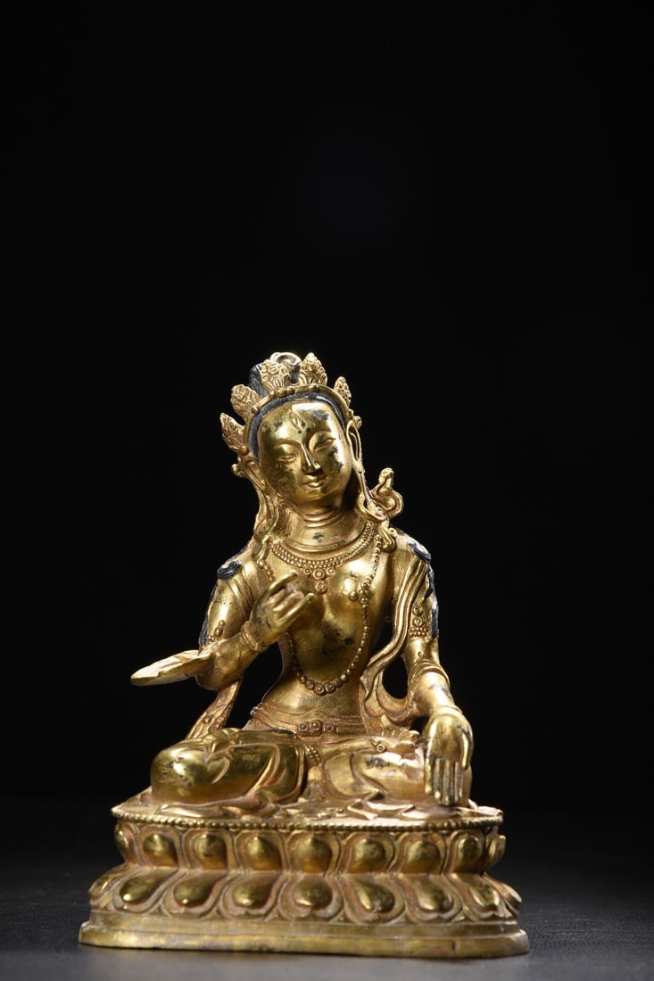 Golden Maitreya Bodhisattva Statue: The golden Maitreya Bodhisattva statue is 17cm high, 12cm wide, 7cm thick, and weighs 784 grams. Provenance:from the collection of George Stopher, Kent, purchased from P&M Waldo Antiques, London. Our