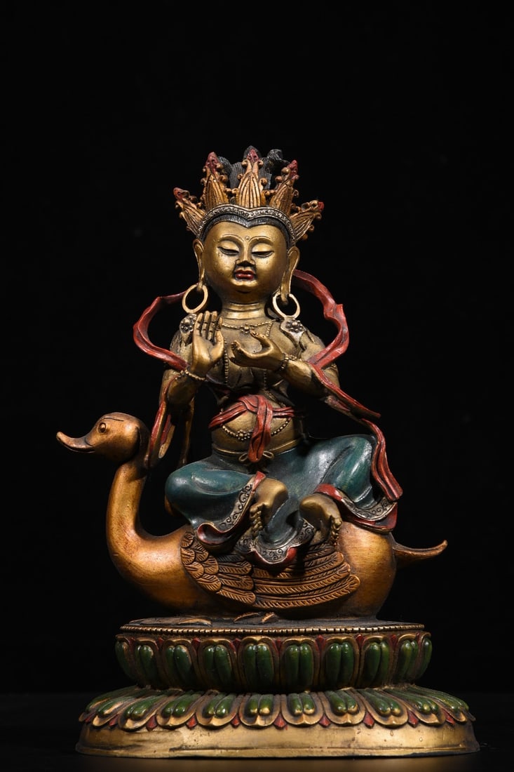 Brahma statue made of pure copper with polychrome enamel: A pure copper painted Brahma statue, 29cm high, 18cm long, 13.5cm wide, and weighing 2055g. Provenance:from the collection of George Stopher, Kent, purchased from P&M Waldo Antiques, London. Our coope