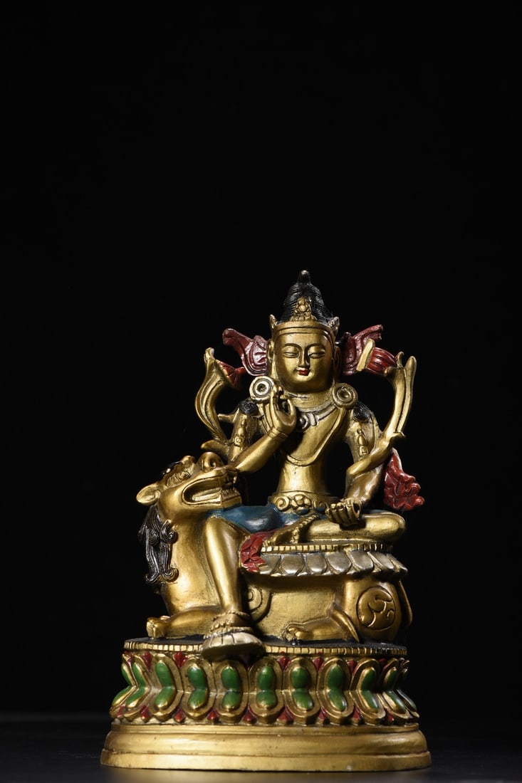 Copper Painted Manjushri Bodhisattva Statue: bronze painted statue of Manjushri Bodhisattva, 23cm high, 15cm wide, 10cm thick, and weighing 1540g. Provenance:from the collection of George Stopher, Kent, purchased from P&M Waldo Antiques, London.